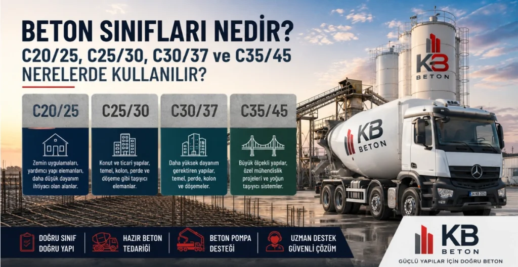 C20/25, C25/30, C30/37 ve C35/45 beton sınıfları için KB Beton hazır beton tedariği görseli