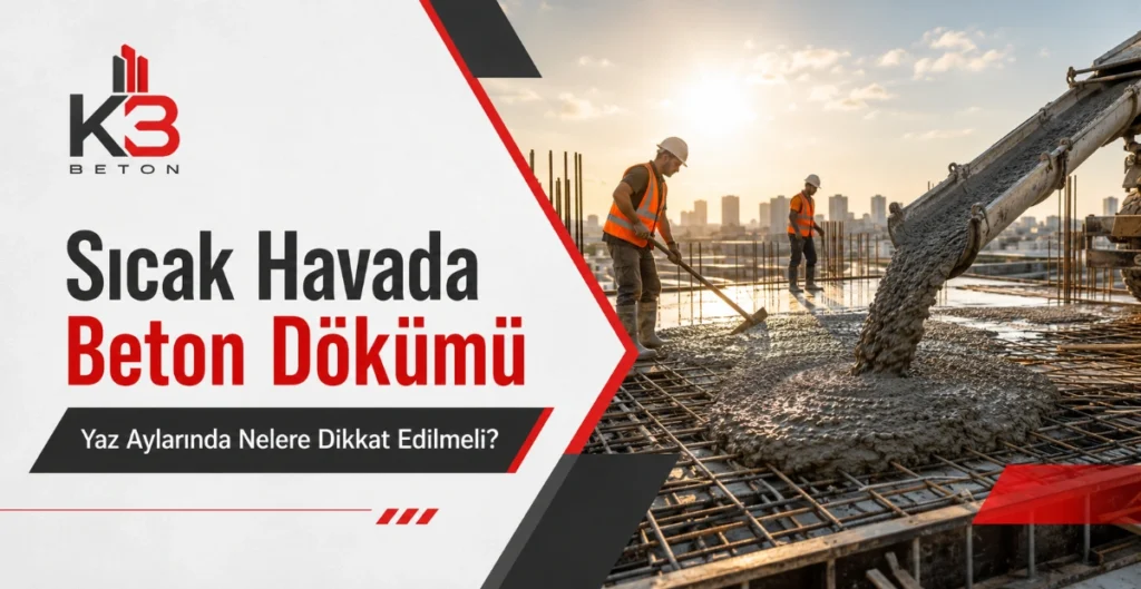 Sıcak havada beton dökümü yapan ekip ve beton pompası